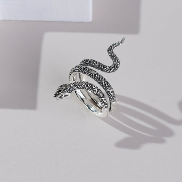 Gemondo Art Nouveau Style Round Marcasite Snake Statement Ring In 925 Sterling Silver