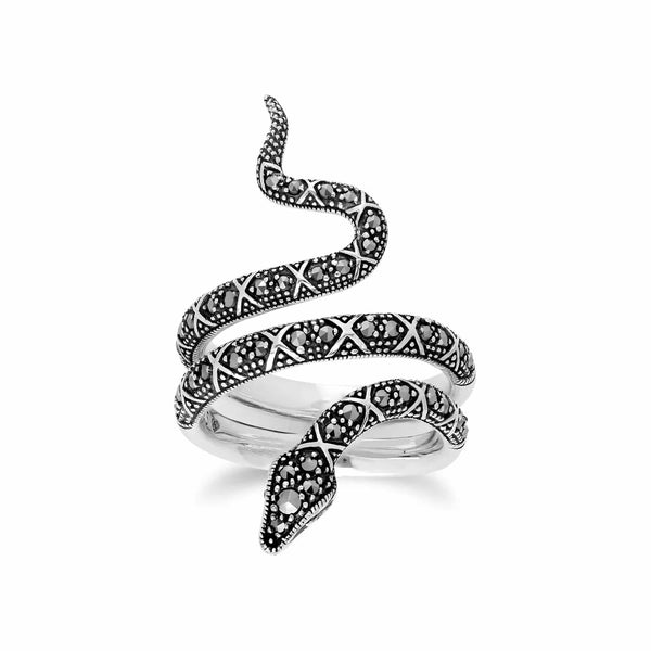 gemondo Art Nouveau Style Round Marcasite Snake Statement Ring in 925 Sterling Silver