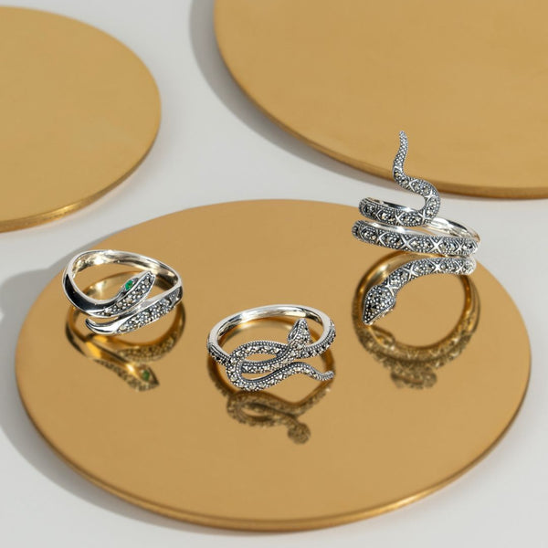 Gemondo Art Nouveau Style Round Marcasite Snake Wrap Ring In 925 Sterling Silver