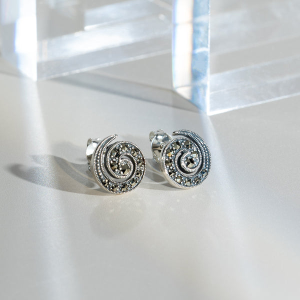 Gemondo Art Nouveau Style Round Marcasite Spiral Stud Earrings In 925 Sterling Silver