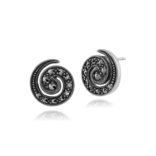 gemondo Art Nouveau Style Round Marcasite Spiral Stud Earrings in 925 Sterling Silver