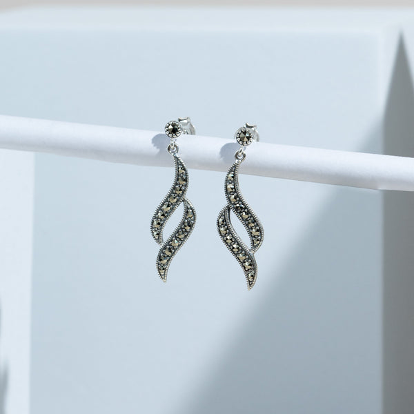 Gemondo Art Nouveau Style Round Marcasite Swirl Drop Earrings In 925 Sterling Silver