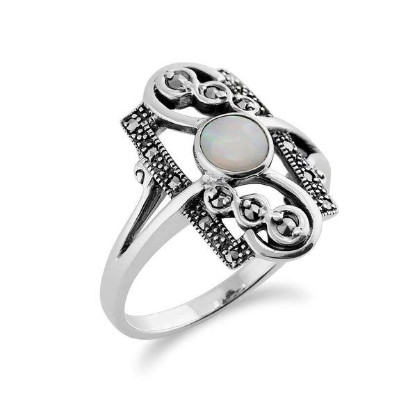 Gemondo Art Nouveau Style Round Opal & Marcasite Spiral Frame Silver Ring