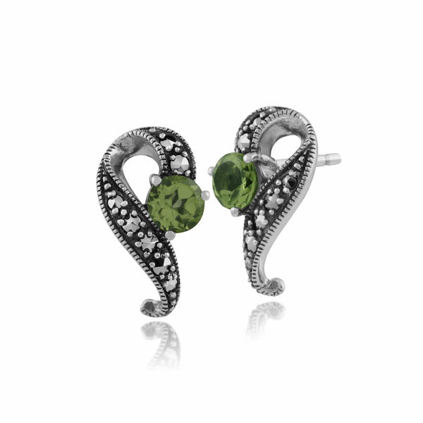 gemondo Art Nouveau Style Round Peridot & Marcasite Swirl Stud Earrings in 925 Sterling Silver