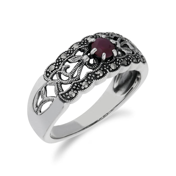 Gemondo Art Nouveau Style Round Ruby & Marcasite Floral Band Ring In Sterling Silver