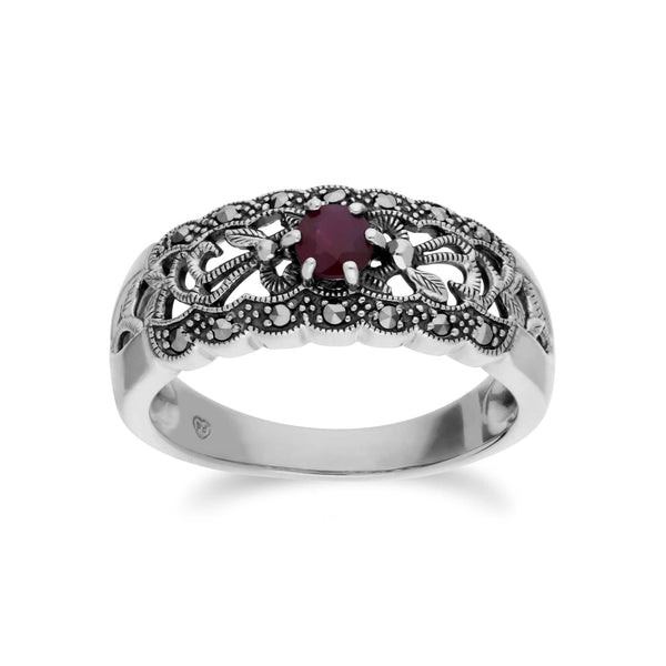 gemondo Art Nouveau Style Round Ruby & Marcasite Floral Band Ring in Sterling Silver