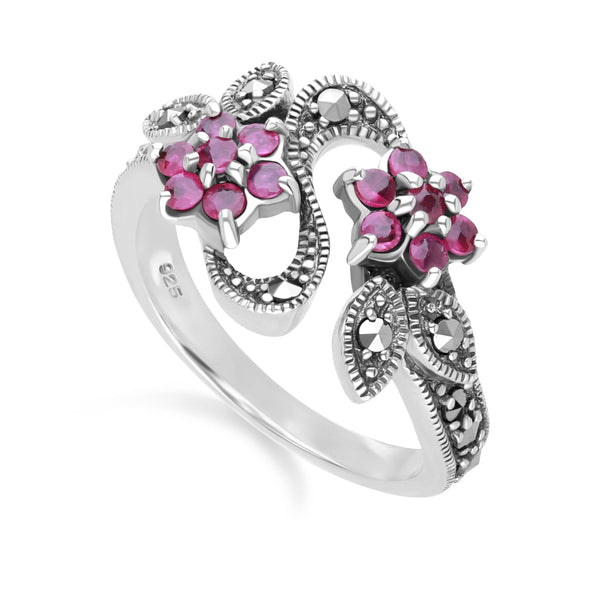 Gemondo Art Nouveau Style Round Ruby & Marcasite Flower Ring In Sterling Silver