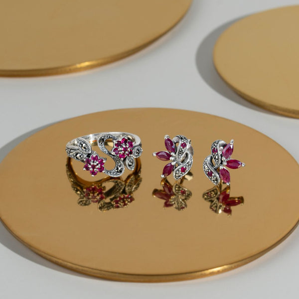 Gemondo Art Nouveau Style Round Ruby & Marcasite Flower Ring In Sterling Silver