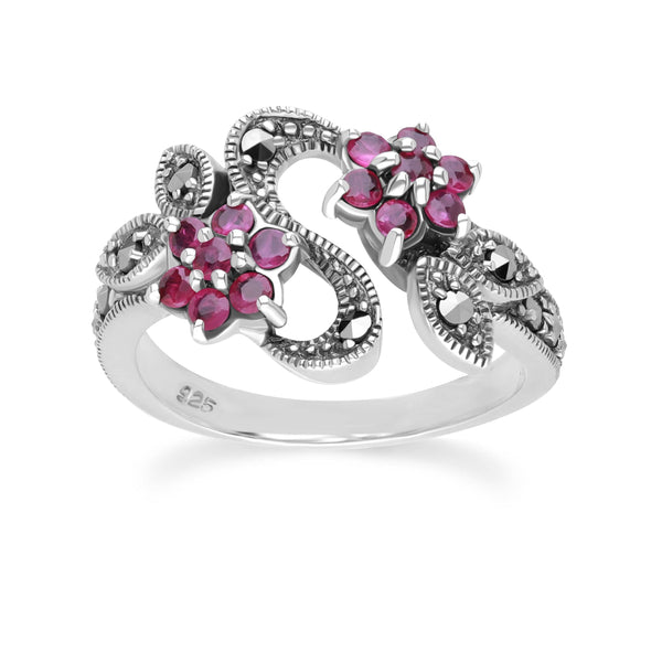 gemondo Art Nouveau Style Round Ruby & Marcasite Flower Ring in Sterling Silver