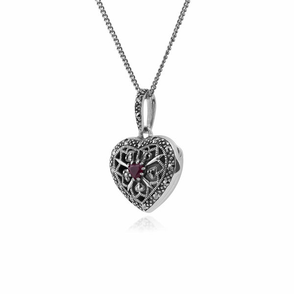 Gemondo Art Nouveau Style Round Ruby & Marcasite Silver Heart Necklace