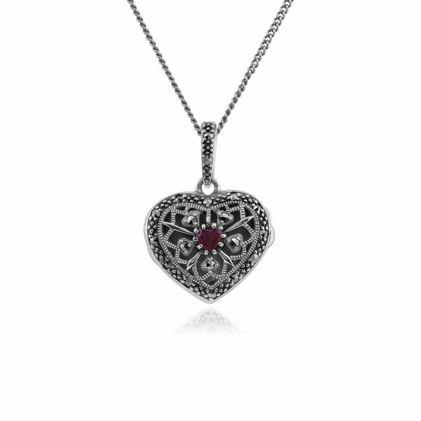 gemondo Art Nouveau Style Round Ruby & Marcasite Silver Heart Necklace