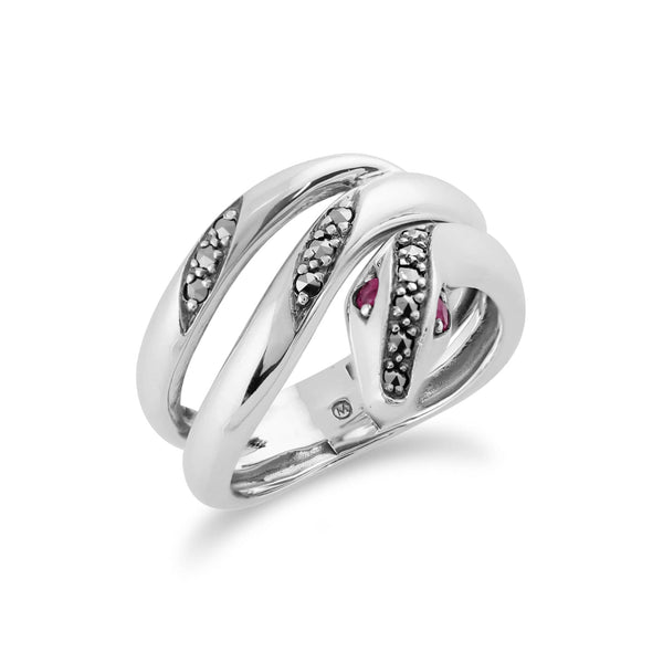 Gemondo Art Nouveau Style Round Ruby & Marcasite Snake Ring In 925 Sterling Silver