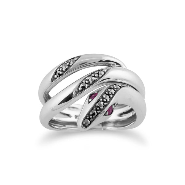 gemondo Art Nouveau Style Round Ruby & Marcasite Snake Ring in 925 Sterling Silver