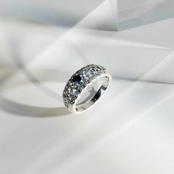 Gemondo Art Nouveau Style Round Sapphire & Marcasite Floral Band Ring In Sterling Silver