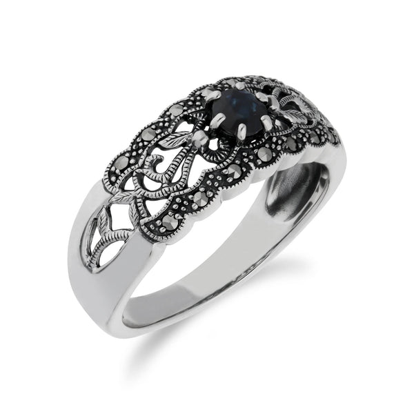 Gemondo Art Nouveau Style Round Sapphire & Marcasite Floral Band Ring In Sterling Silver