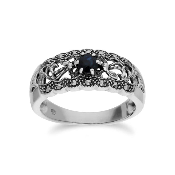 gemondo Art Nouveau Style Round Sapphire & Marcasite Floral Band Ring in Sterling Silver