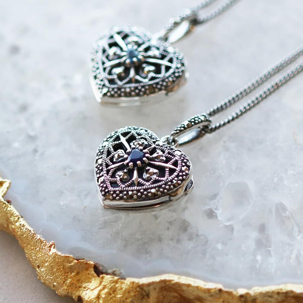 Gemondo Art Nouveau Style Round Sapphire & Marcasite Heart Necklace In 925 Sterling Silver