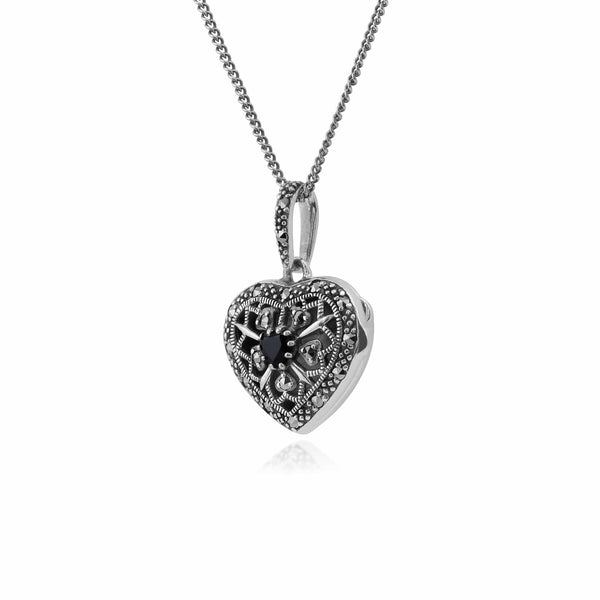 Gemondo Art Nouveau Style Round Sapphire & Marcasite Heart Necklace In 925 Sterling Silver