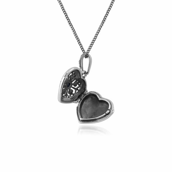 Gemondo Art Nouveau Style Round Sapphire & Marcasite Heart Necklace In 925 Sterling Silver