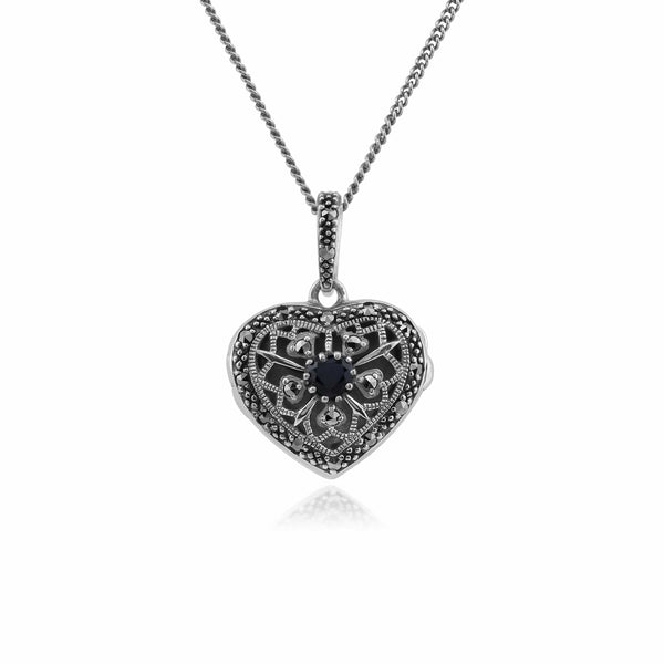 gemondo Art Nouveau Style Round Sapphire & Marcasite Heart Necklace in 925 Sterling Silver