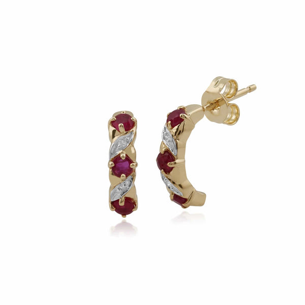 gemondo Art Nouveau Style Ruby & Diamond Half Hoop Earrings in 9ct Gold