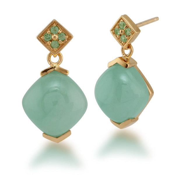 gemondo Boho Cushion Cut Jade Cabochon & Peridot Stud Earrings in Gold Plated 925 Sterling Silver