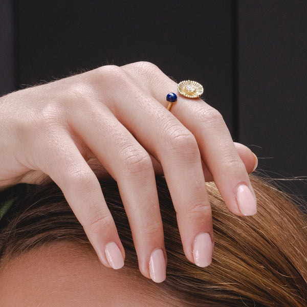 Gemondo Caruso Lapis Lazuli & White Topaz Floral Open Ring In Yellow Gold Plated Silver