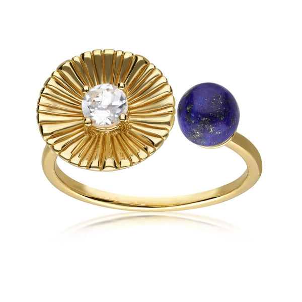 Gemondo Caruso Lapis Lazuli & White Topaz Floral Open Ring In Yellow Gold Plated Silver