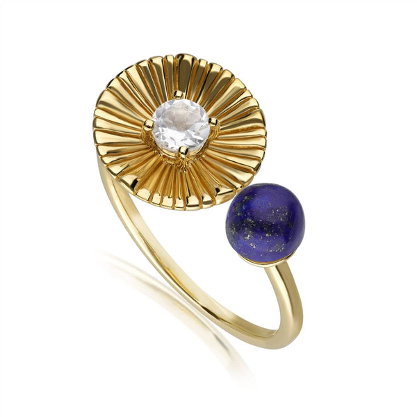 gemondo Caruso Lapis Lazuli & White Topaz Floral Open Ring In Yellow Gold Plated Silver