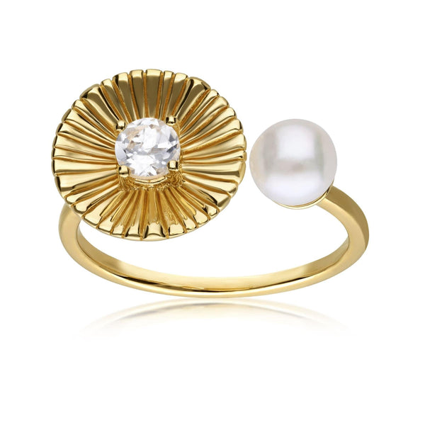 Gemondo Caruso Pearl & White Topaz Floral Open Ring In Yellow Gold Plated Silver