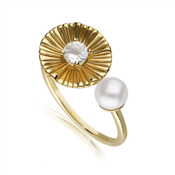 gemondo Caruso Pearl & White Topaz Floral Open Ring In Yellow Gold Plated Silver