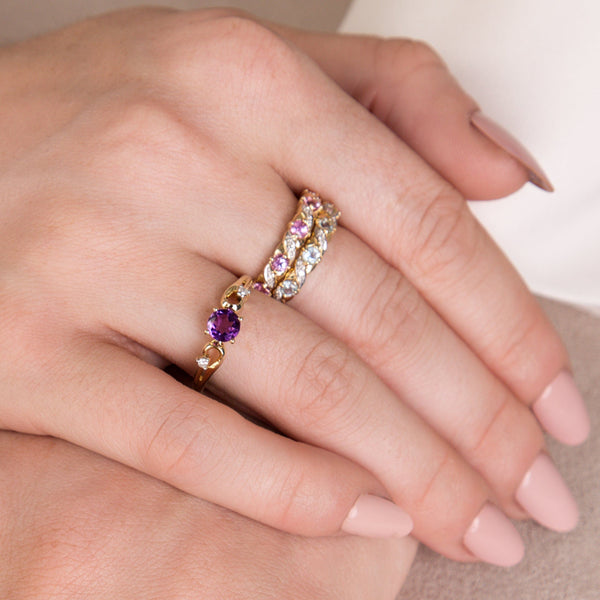 Gemondo Classic Art Nouveau Round Pink Sapphire & Diamond Half Eternity Ring In 9ct Yellow Gold
