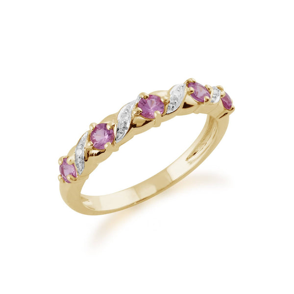 Gemondo Classic Art Nouveau Round Pink Sapphire & Diamond Half Eternity Ring In 9ct Yellow Gold