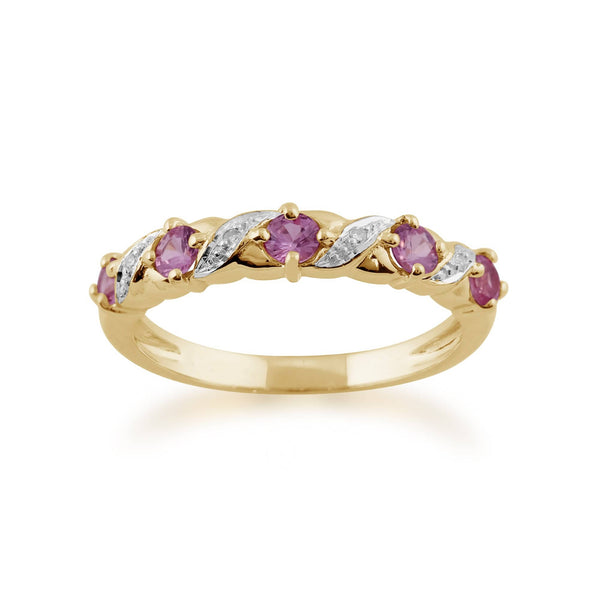 gemondo Classic Art Nouveau Round Pink Sapphire & Diamond Half Eternity Ring In 9ct Yellow Gold