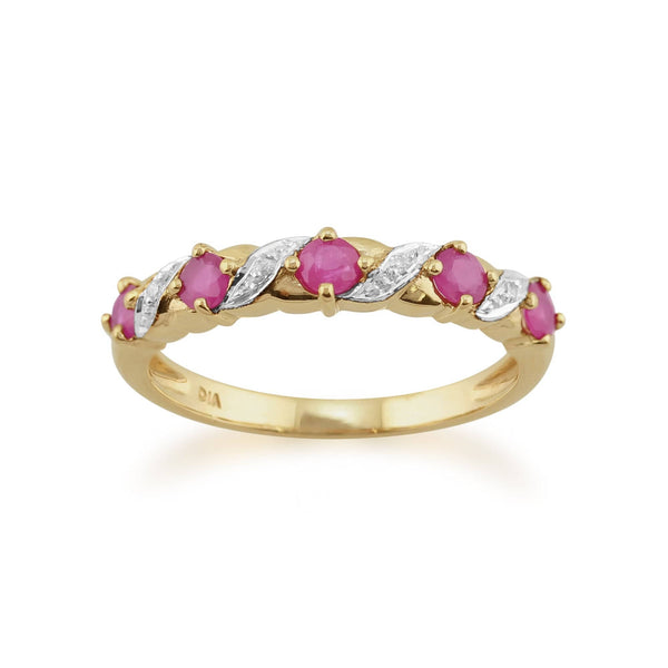 gemondo Classic Art Nouveau Round Ruby & Diamond Half Eternity Ring In 9ct Yellow Gold