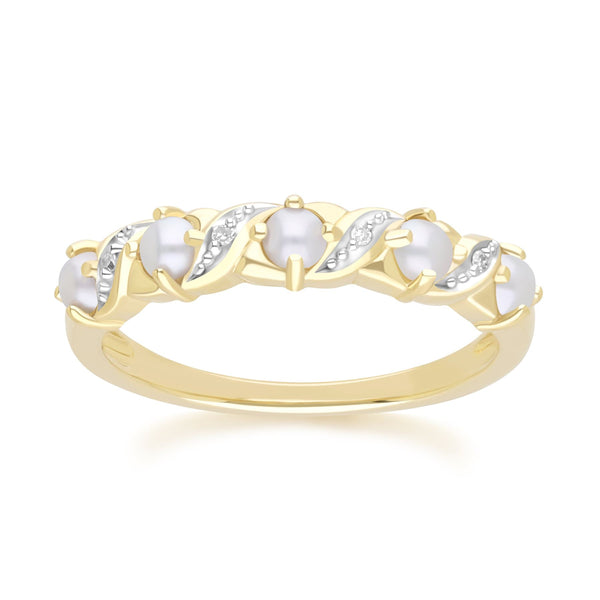 gemondo Classic Art Nouveau Style Pearl & Diamond Eternity Ring in 9ct Yellow Gold