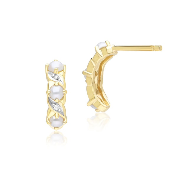 Gemondo Classic Art Nouveau Style Pearl & Diamond Half Eternity Hoop Earrings In 9ct Yellow Gold
