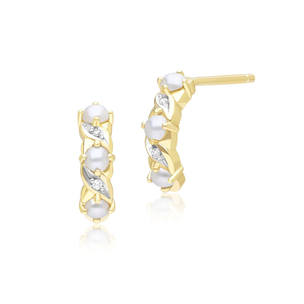 gemondo Classic Art Nouveau Style Pearl & Diamond Half Eternity Hoop Earrings in 9ct Yellow Gold
