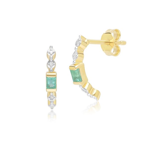 gemondo Classic Baguette Emerald & Diamond Half Eternity Hoop Earrings in 9ct Yellow Gold