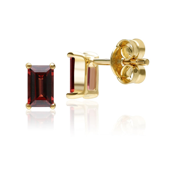 Gemondo Classic Baguette Garnet Claw Set Stud Earrings In 9ct Yellow Gold