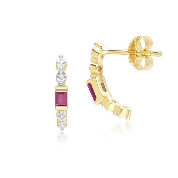 Gemondo Classic Baguette Ruby & Diamond Half Eternity Hoop Earrings In 9ct Yellow Gold