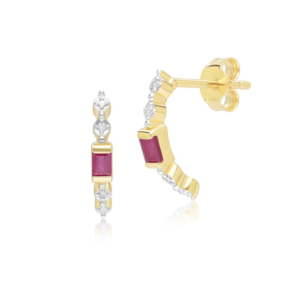 gemondo Classic Baguette Ruby & Diamond Half Eternity Hoop Earrings in 9ct Yellow Gold
