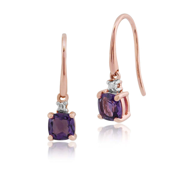 gemondo Classic Cushion Amethyst & Diamond Drop Earrings in 9ct Rose Gold
