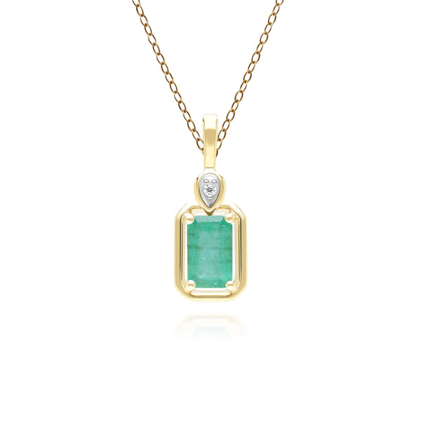 gemondo Classic Emerald Baguette & Diamond Pendant Necklace In 9ct Yellow Gold