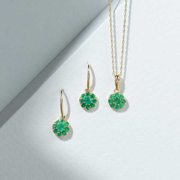 Gemondo Classic Emerald Cluster Hook Drop Earrings In 9ct Yellow Gold