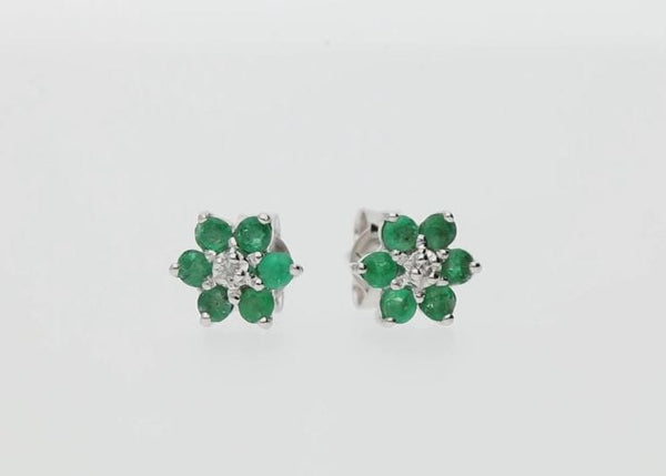 Gemondo Classic Emerald & Diamond Floral Stud Earrings In 9ct White Gold