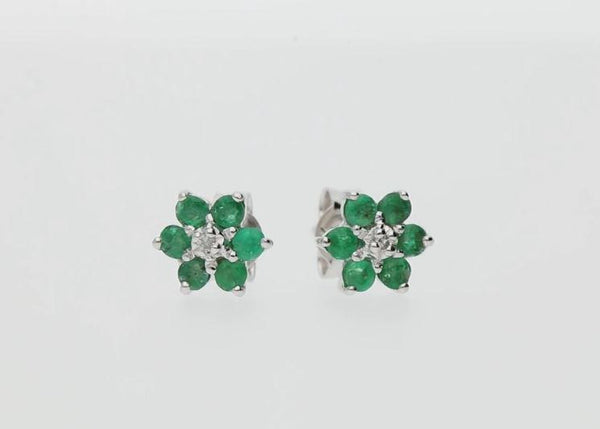 Gemondo Classic Emerald & Diamond Floral Stud Earrings In 9ct White Gold