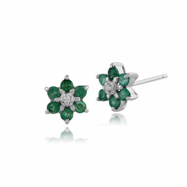 gemondo Classic Emerald & Diamond Floral Stud Earrings in 9ct White Gold