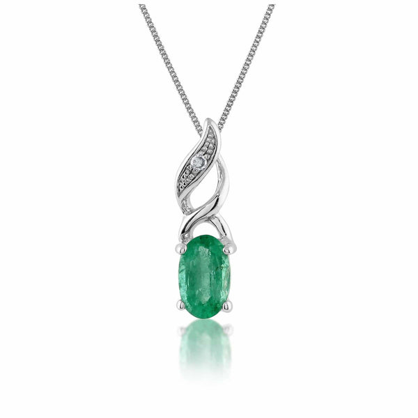 gemondo Classic Emerald & Diamond Twist Pendant in 9ct White Gold