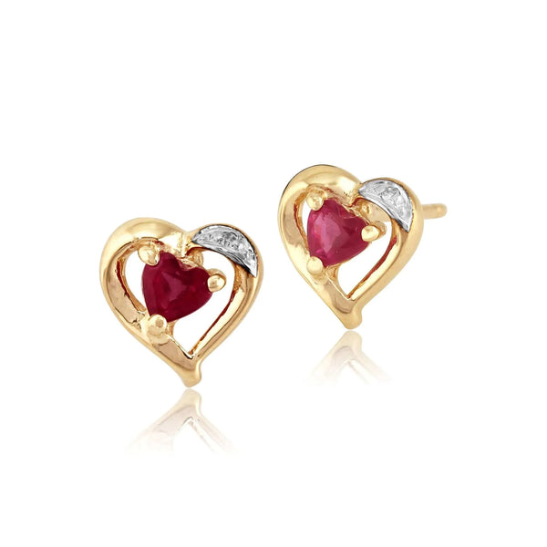 gemondo Classic Heart Ruby & Diamond Stud Earrings in 9ct Yellow Gold